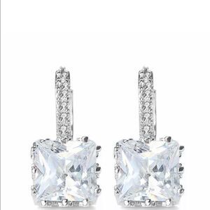 + White Gold Plated  Square Drop CZ Diamond Earrings